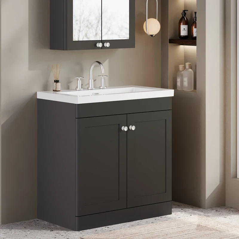 Classique 800mm Floor Standing Vanity Unit With 2 Doors With Contemporary Basin - Satin Soft Black