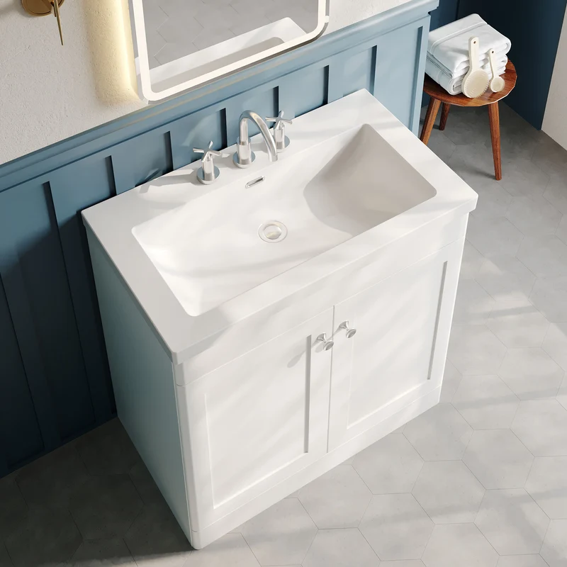 Classique 800mm Floor Standing Vanity Unit With 2 Doors With Contemporary Basin - Satin White