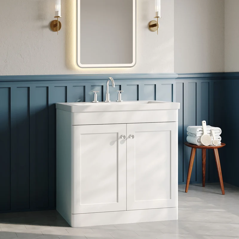 Classique 800mm Floor Standing Vanity Unit With 2 Doors With Contemporary Basin - Satin White