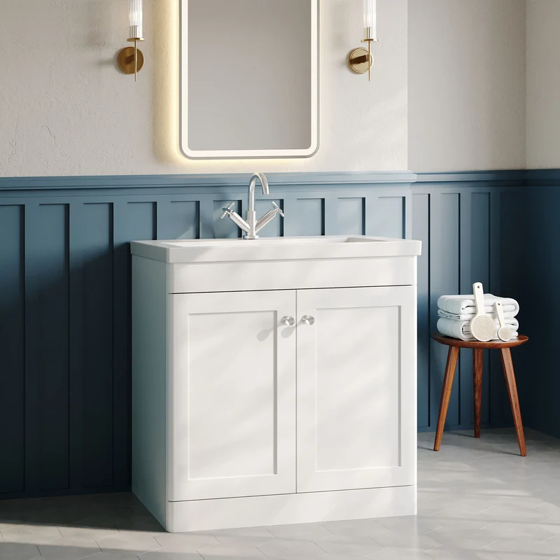 Classique 800mm Floor Standing Vanity Unit With 2 Doors With Contemporary Basin - Satin White