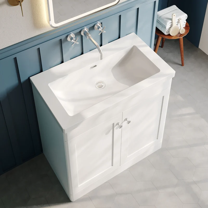 Classique 800mm Floor Standing Vanity Unit With 2 Doors With Contemporary Basin - Satin White
