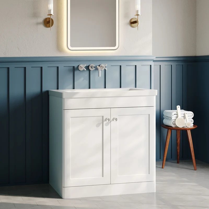 Classique 800mm Floor Standing Vanity Unit With 2 Doors With Contemporary Basin - Satin White