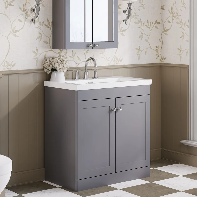 Classique 800mm Floor Standing Vanity Unit With 2 Doors With Contemporary Basin - Satin Grey