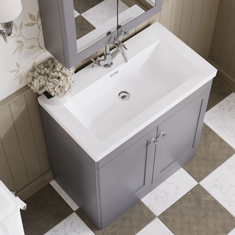 Classique 800mm Floor Standing Vanity Unit With 2 Doors With Contemporary Basin - Satin Grey