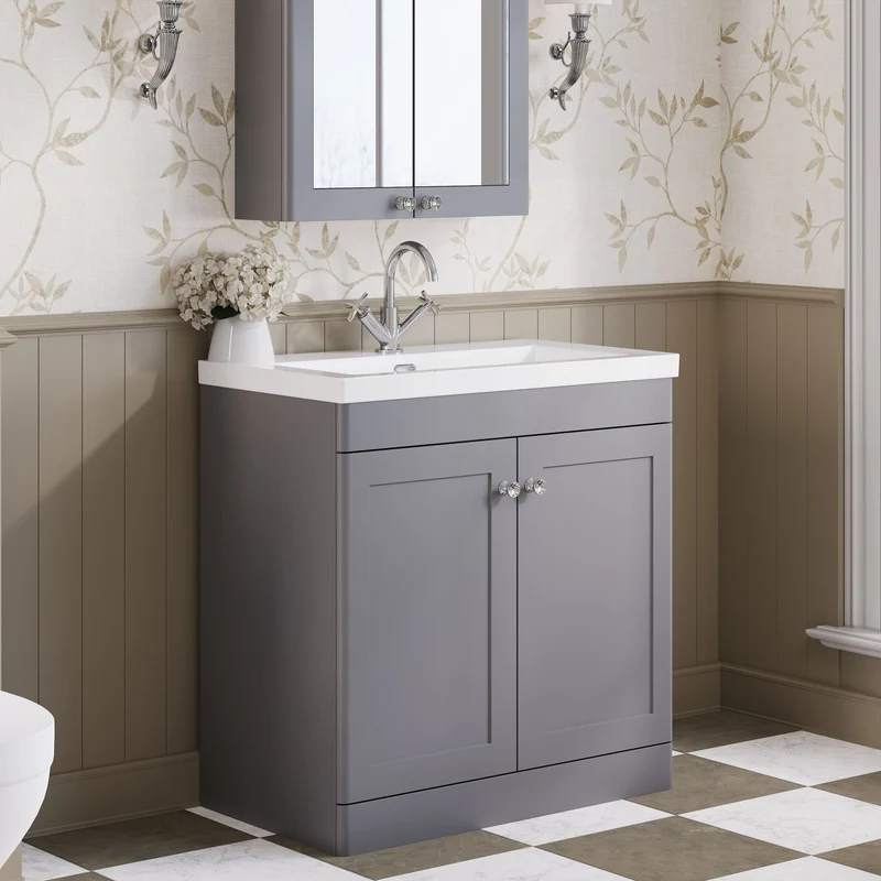 Classique 800mm Floor Standing Vanity Unit With 2 Doors With Contemporary Basin - Satin Grey