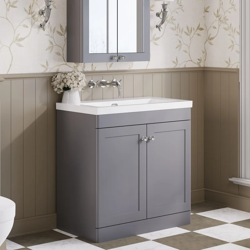 Classique 800mm Floor Standing Vanity Unit With 2 Doors With Contemporary Basin - Satin Grey