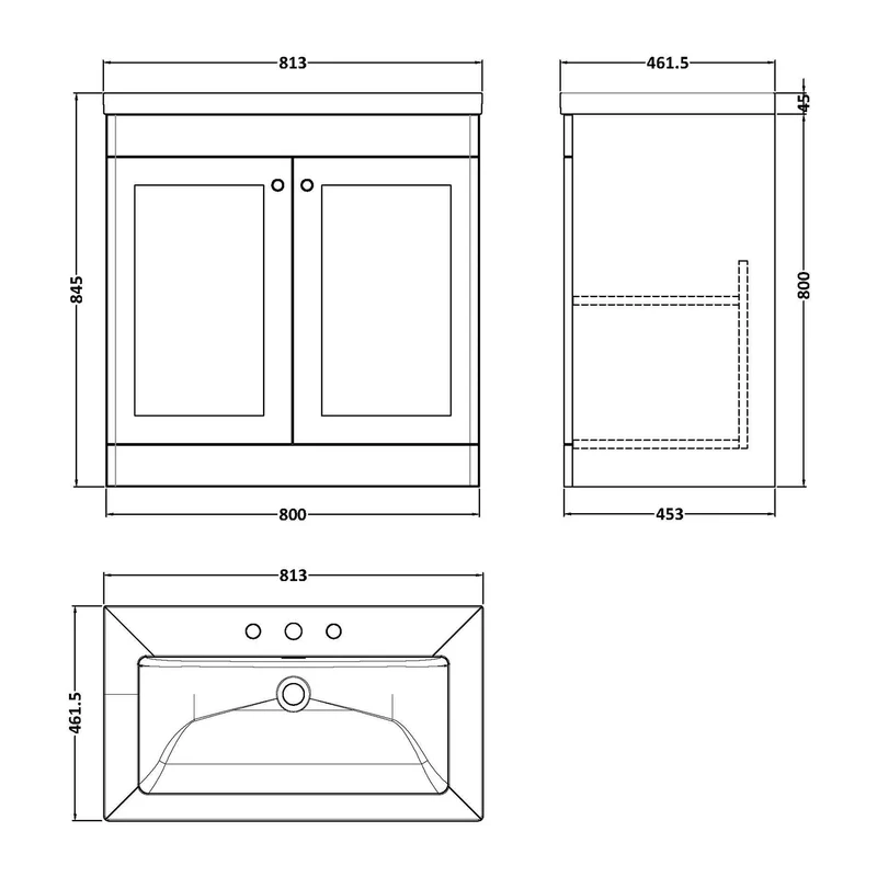 Classique 800mm Floor Standing Vanity Unit With 2 Doors With Contemporary Basin - Satin Grey