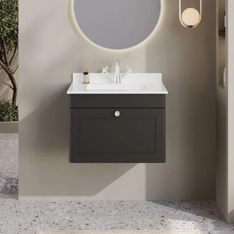 Classique 600mm Wall Hung Vanity Unit With 1 Drawer With White Marble Worktop With Square Basin - Satin Soft Black