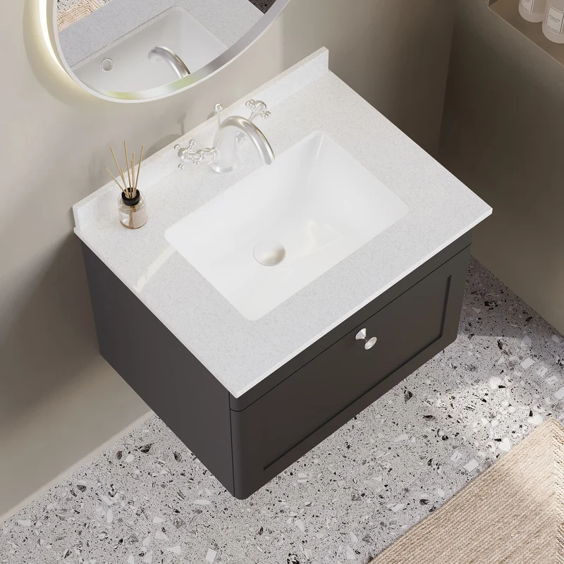 Classique 600mm Wall Hung Vanity Unit With 1 Drawer With White Marble Worktop With Square Basin - Satin Soft Black