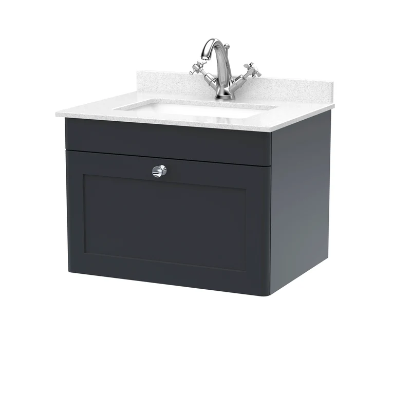 Classique 600mm Wall Hung Vanity Unit With 1 Drawer With White Marble Worktop With Square Basin - Satin Soft Black