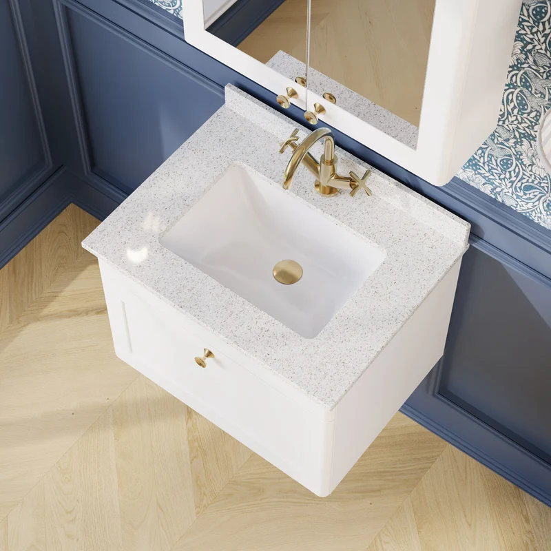 Classique 600mm Wall Hung Vanity Unit With 1 Drawer With White Marble Worktop With Square Basin - Satin White