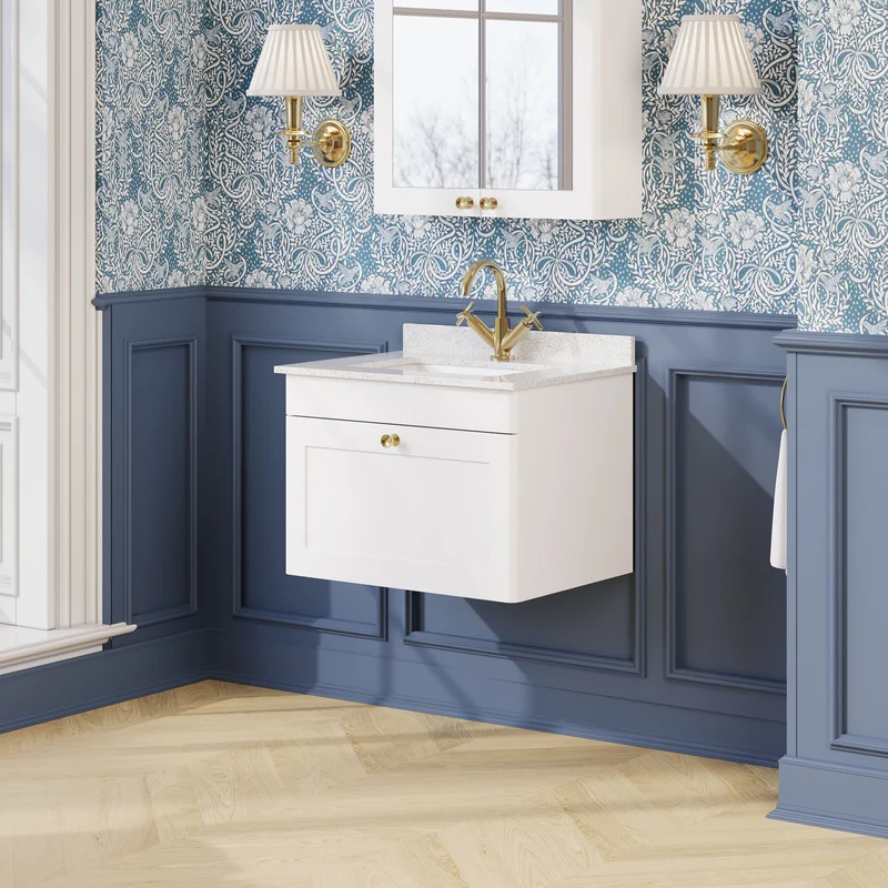 Classique 600mm Wall Hung Vanity Unit With 1 Drawer With White Marble Worktop With Square Basin - Satin White