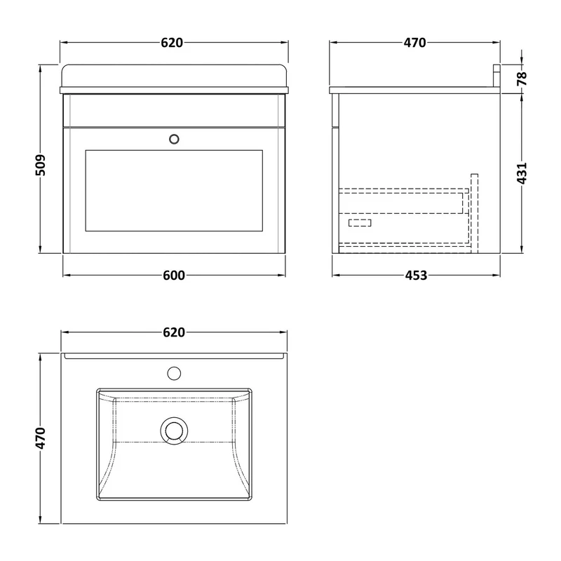 Classique 600mm Wall Hung Vanity Unit With 1 Drawer With White Marble Worktop With Square Basin - Satin White