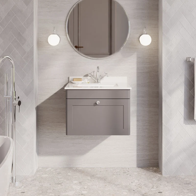 Classique 600mm Wall Hung Vanity Unit With 1 Drawer With White Marble Worktop With Square Basin - Satin Grey