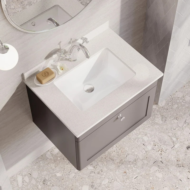 Classique 600mm Wall Hung Vanity Unit With 1 Drawer With White Marble Worktop With Square Basin - Satin Grey