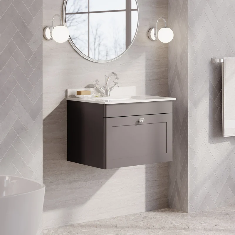 Classique 600mm Wall Hung Vanity Unit With 1 Drawer With White Marble Worktop With Square Basin - Satin Grey