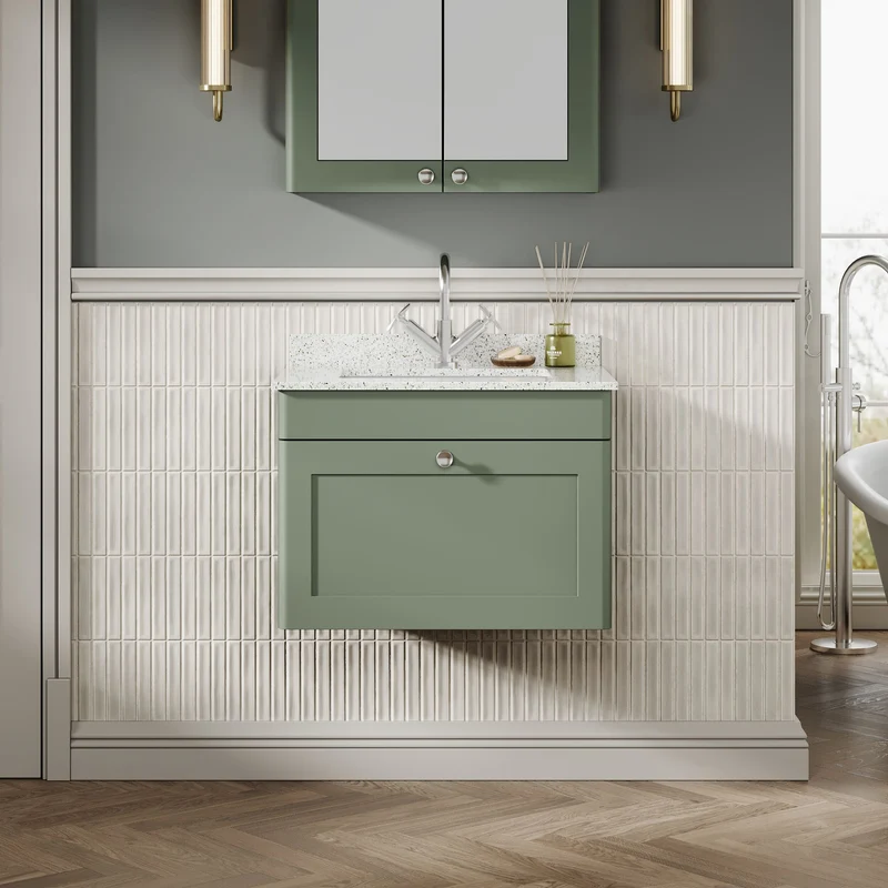 Classique 600mm Wall Hung Vanity Unit With 1 Drawer With White Marble Worktop With Square Basin - Satin Green
