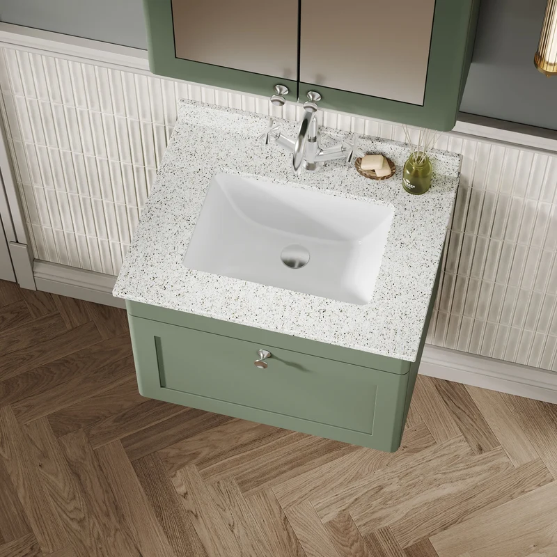Classique 600mm Wall Hung Vanity Unit With 1 Drawer With White Marble Worktop With Square Basin - Satin Green