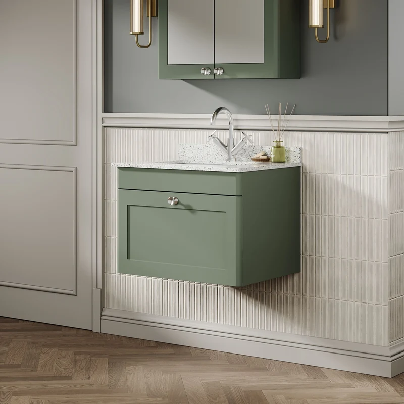 Classique 600mm Wall Hung Vanity Unit With 1 Drawer With White Marble Worktop With Square Basin - Satin Green