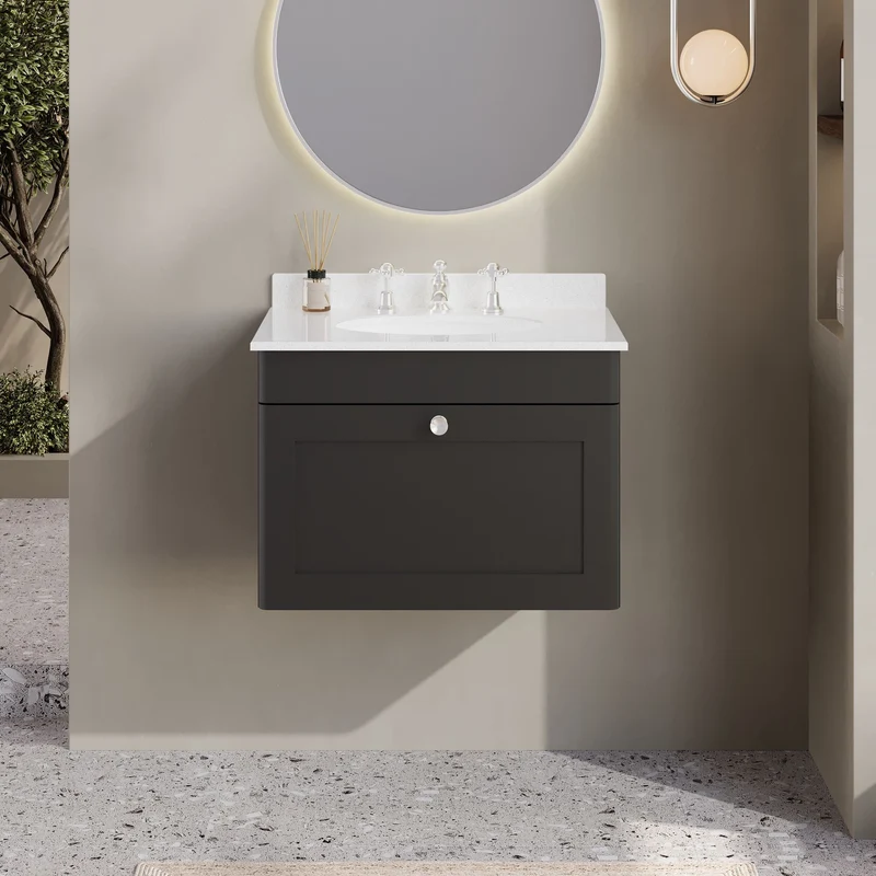 Classique 600mm Wall Hung Vanity Unit With 1 Drawer With White Marble Worktop With Round Basin - Satin Soft Black