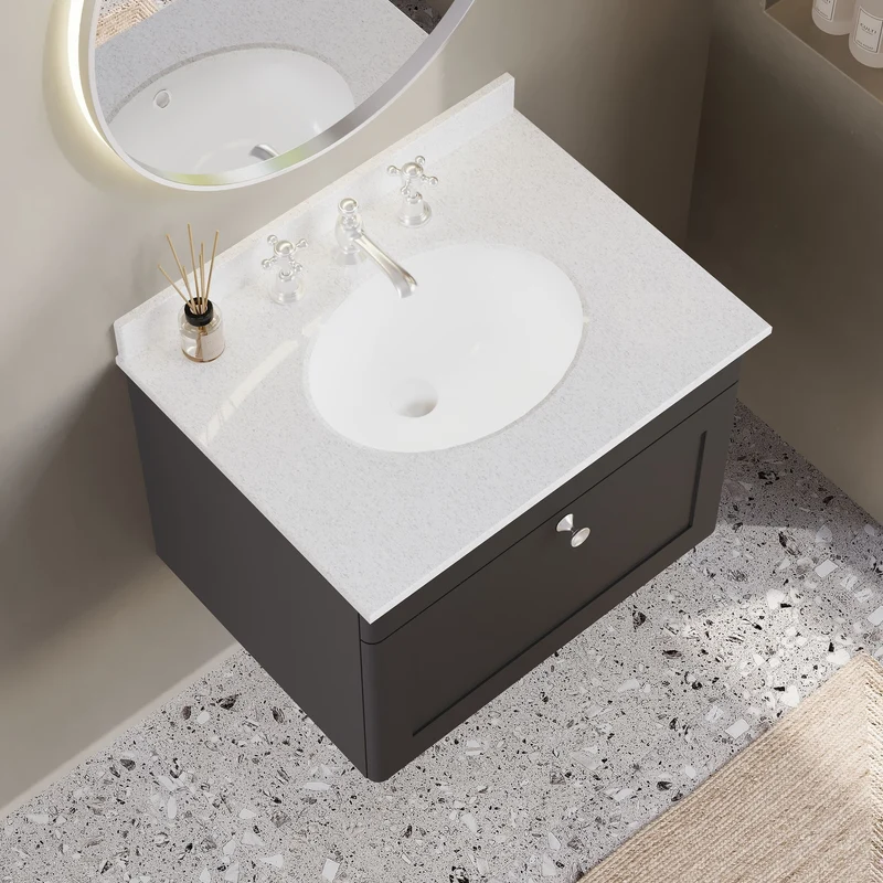 Classique 600mm Wall Hung Vanity Unit With 1 Drawer With White Marble Worktop With Round Basin - Satin Soft Black
