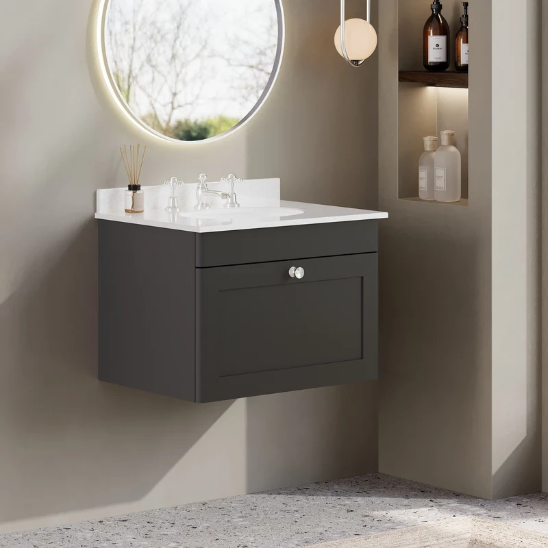 Classique 600mm Wall Hung Vanity Unit With 1 Drawer With White Marble Worktop With Round Basin - Satin Soft Black