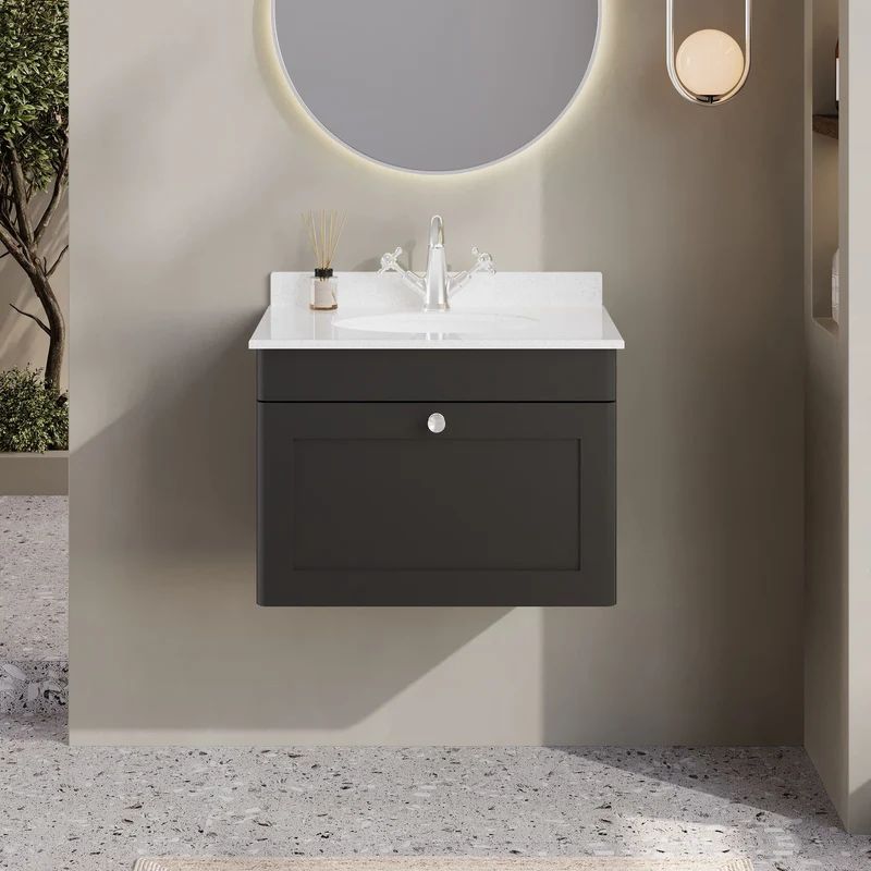 Classique 600mm Wall Hung Vanity Unit With 1 Drawer With White Marble Worktop With Round Basin - Satin Soft Black
