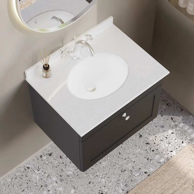 Classique 600mm Wall Hung Vanity Unit With 1 Drawer With White Marble Worktop With Round Basin - Satin Soft Black