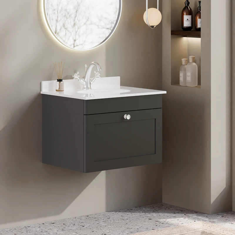 Classique 600mm Wall Hung Vanity Unit With 1 Drawer With White Marble Worktop With Round Basin - Satin Soft Black