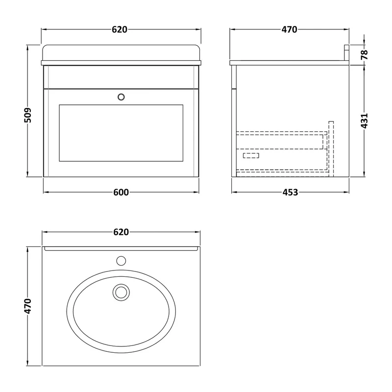 Classique 600mm Wall Hung Vanity Unit With 1 Drawer With White Marble Worktop With Round Basin - Satin Soft Black