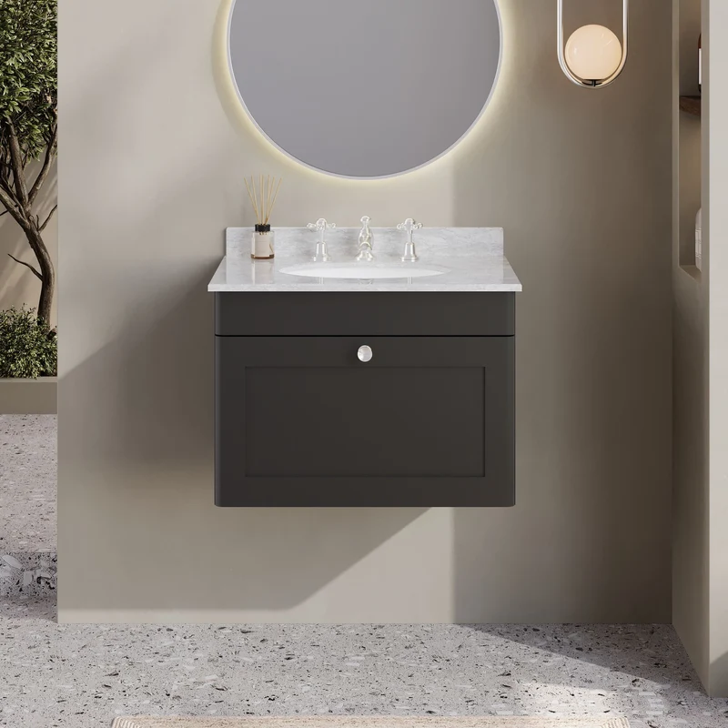 Classique 600mm Wall Hung Vanity Unit With 1 Drawer With Grey Marble Worktop With Round Basin - Satin Soft Black
