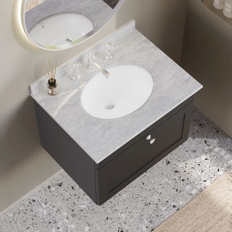 Classique 600mm Wall Hung Vanity Unit With 1 Drawer With Grey Marble Worktop With Round Basin - Satin Soft Black