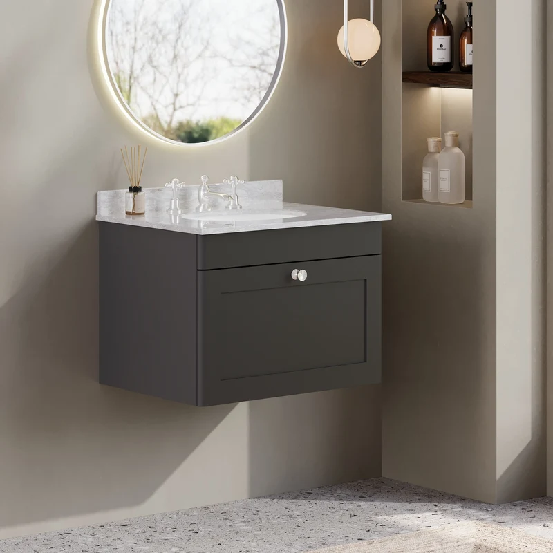 Classique 600mm Wall Hung Vanity Unit With 1 Drawer With Grey Marble Worktop With Round Basin - Satin Soft Black