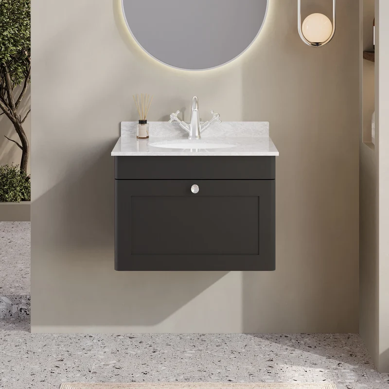 Classique 600mm Wall Hung Vanity Unit With 1 Drawer With Grey Marble Worktop With Round Basin - Satin Soft Black