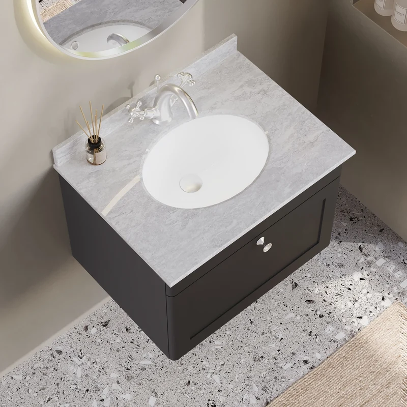 Classique 600mm Wall Hung Vanity Unit With 1 Drawer With Grey Marble Worktop With Round Basin - Satin Soft Black