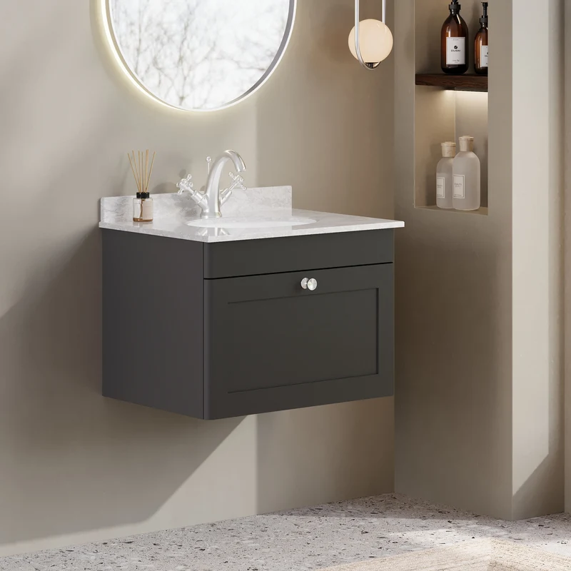 Classique 600mm Wall Hung Vanity Unit With 1 Drawer With Grey Marble Worktop With Round Basin - Satin Soft Black