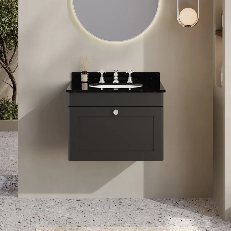 Classique 600mm Wall Hung Vanity Unit With 1 Drawer With Black Marble Worktop With Round Basin - Satin Soft Black