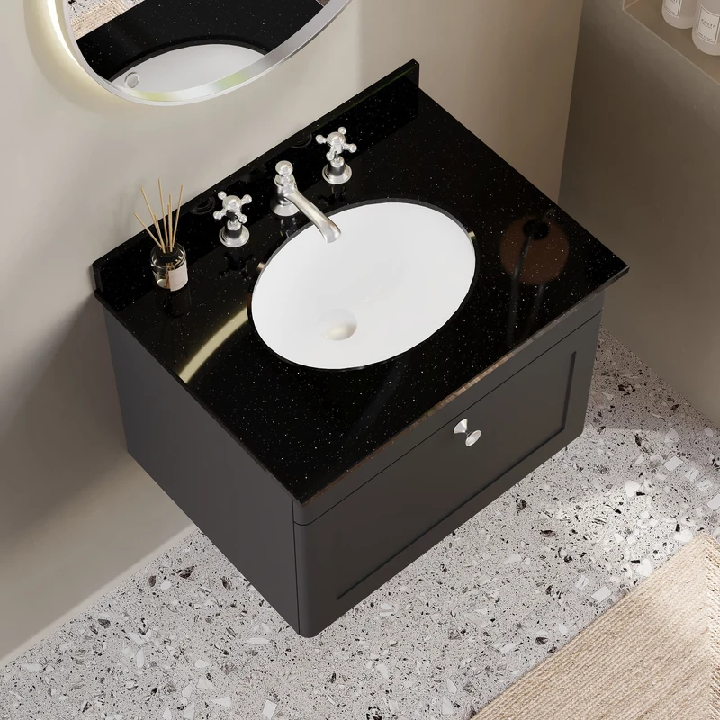 Classique 600mm Wall Hung Vanity Unit With 1 Drawer With Black Marble Worktop With Round Basin - Satin Soft Black