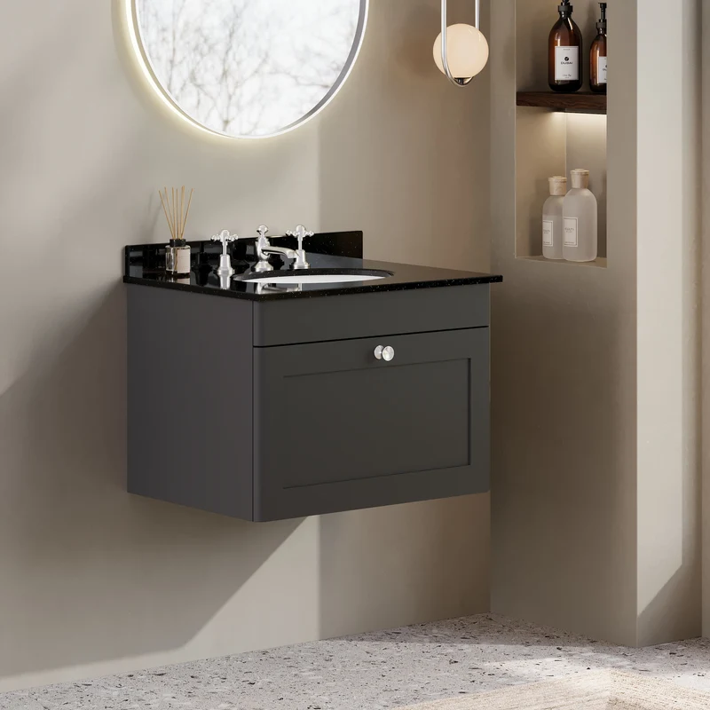Classique 600mm Wall Hung Vanity Unit With 1 Drawer With Black Marble Worktop With Round Basin - Satin Soft Black