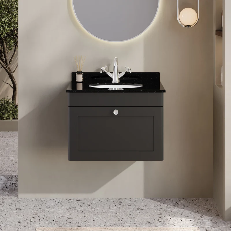 Classique 600mm Wall Hung Vanity Unit With 1 Drawer With Black Marble Worktop With Round Basin - Satin Soft Black