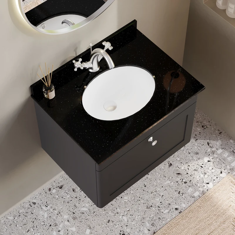 Classique 600mm Wall Hung Vanity Unit With 1 Drawer With Black Marble Worktop With Round Basin - Satin Soft Black