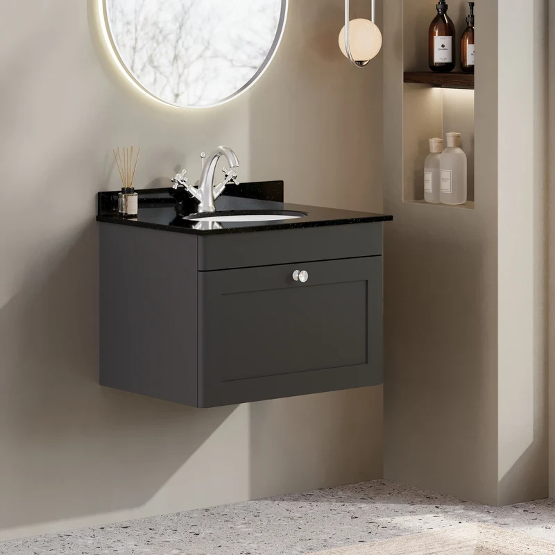 Classique 600mm Wall Hung Vanity Unit With 1 Drawer With Black Marble Worktop With Round Basin - Satin Soft Black