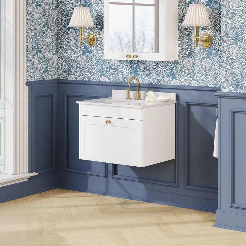 Classique 600mm Wall Hung Vanity Unit With 1 Drawer With White Marble Worktop With Round Basin - Satin White