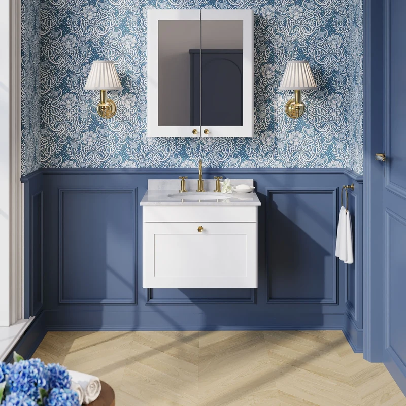 Classique 600mm Wall Hung Vanity Unit With 1 Drawer With Grey Marble Worktop With Round Basin - Satin White
