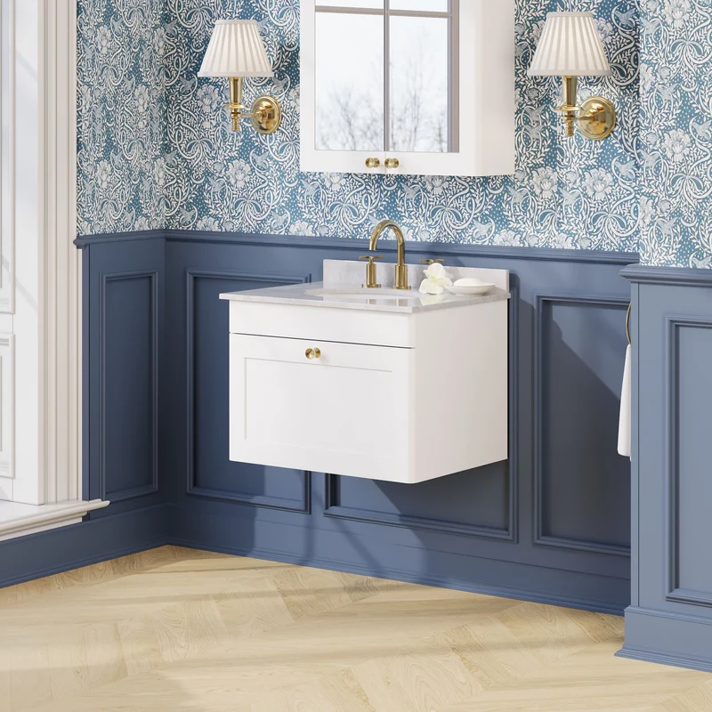 Classique 600mm Wall Hung Vanity Unit With 1 Drawer With Grey Marble Worktop With Round Basin - Satin White