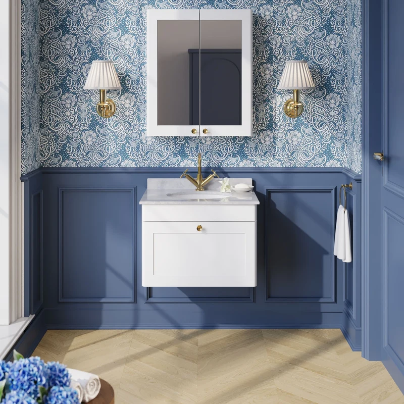 Classique 600mm Wall Hung Vanity Unit With 1 Drawer With Grey Marble Worktop With Round Basin - Satin White