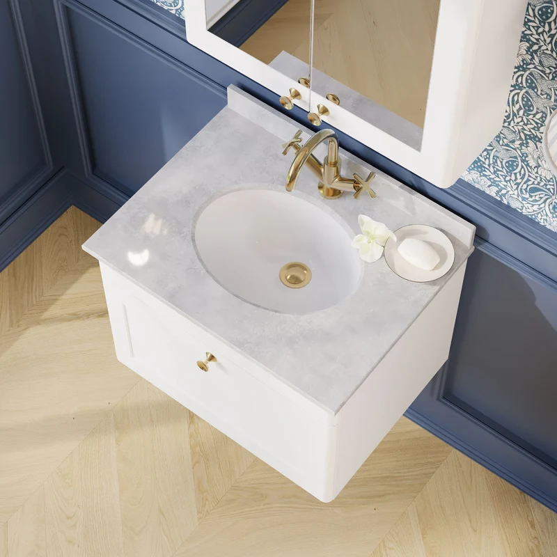 Classique 600mm Wall Hung Vanity Unit With 1 Drawer With Grey Marble Worktop With Round Basin - Satin White