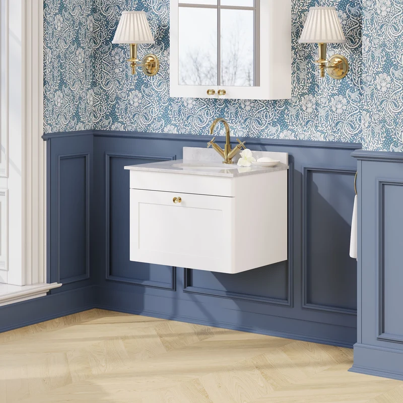 Classique 600mm Wall Hung Vanity Unit With 1 Drawer With Grey Marble Worktop With Round Basin - Satin White