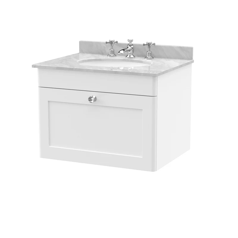 Classique 600mm Wall Hung Vanity Unit With 1 Drawer With Grey Marble Worktop With Round Basin - Satin White