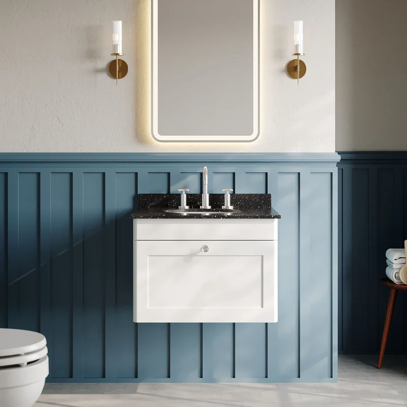 Classique 600mm Wall Hung Vanity Unit With 1 Drawer With Black Marble Worktop With Round Basin - Satin White